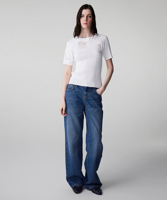 Embroidered Mixed Knit Top
