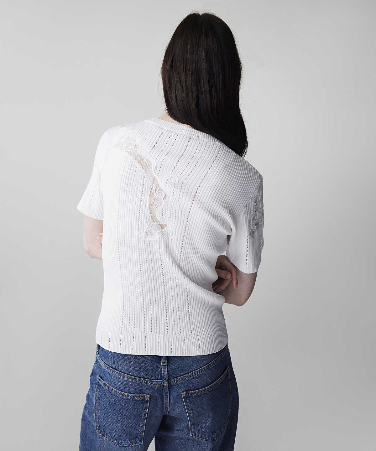 Embroidered Mixed Knit Top