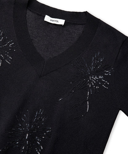 Embroidered Sequinned Knit Top