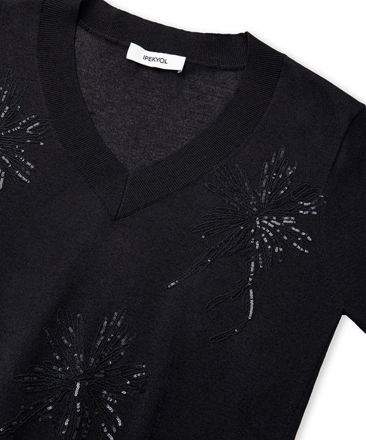 Embroidered Sequinned Knit Top