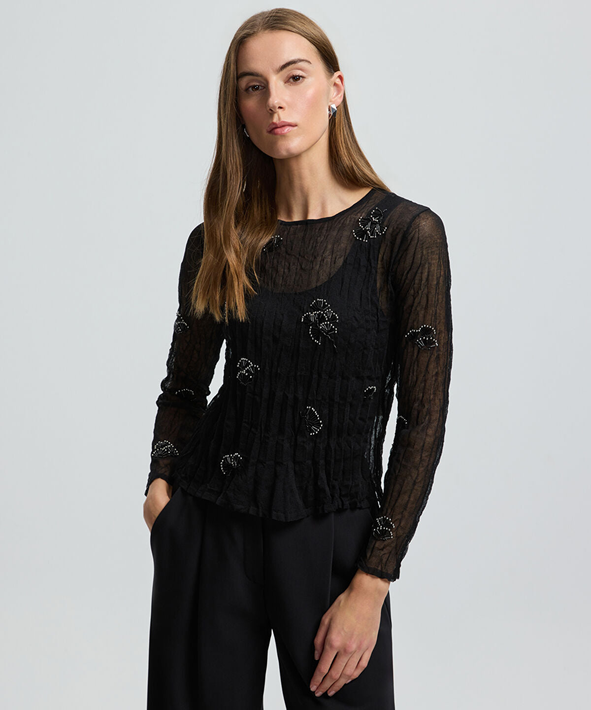Zoomed Embroidered Sheer Knit Top