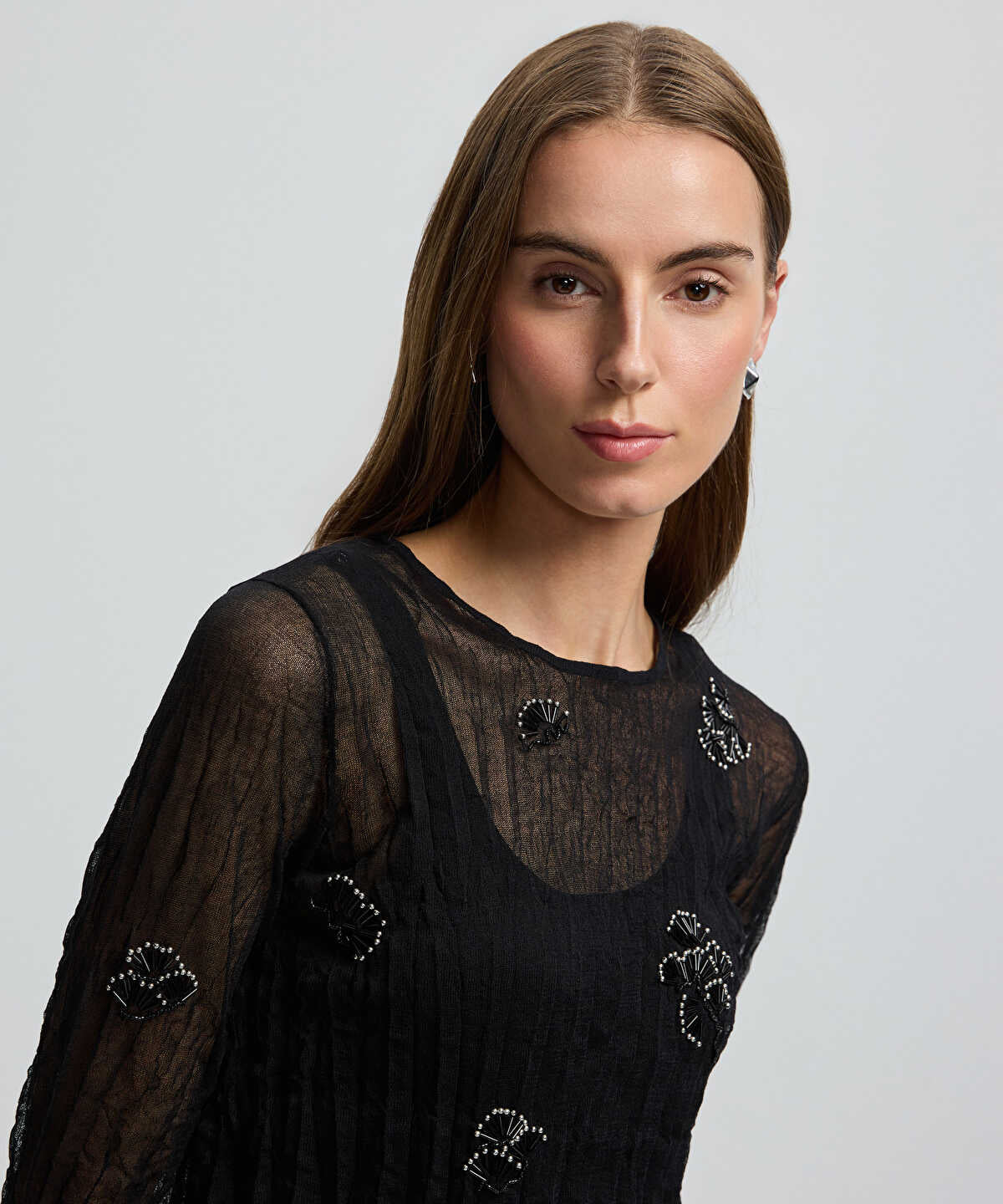 Embroidered Sheer Knit Top