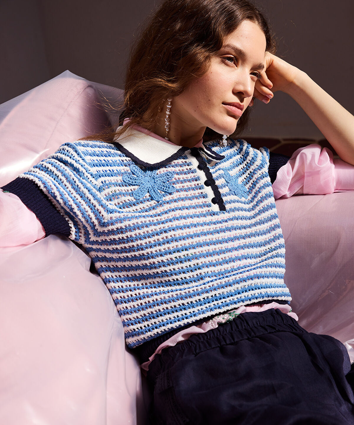 Zoomed Openwork Knit Top with Crochet Applique