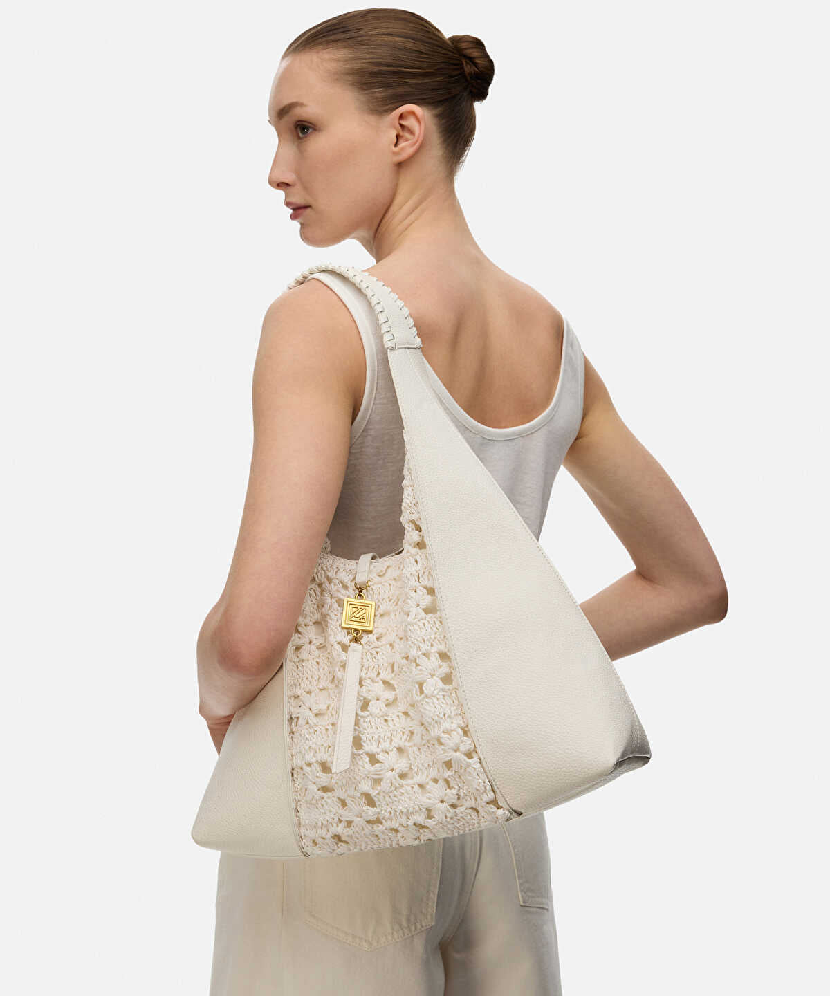 Zoomed Crochet Panel Leather Effect Bag