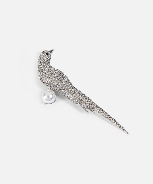 Faux Pearl and Rhinestone Bird Brooch