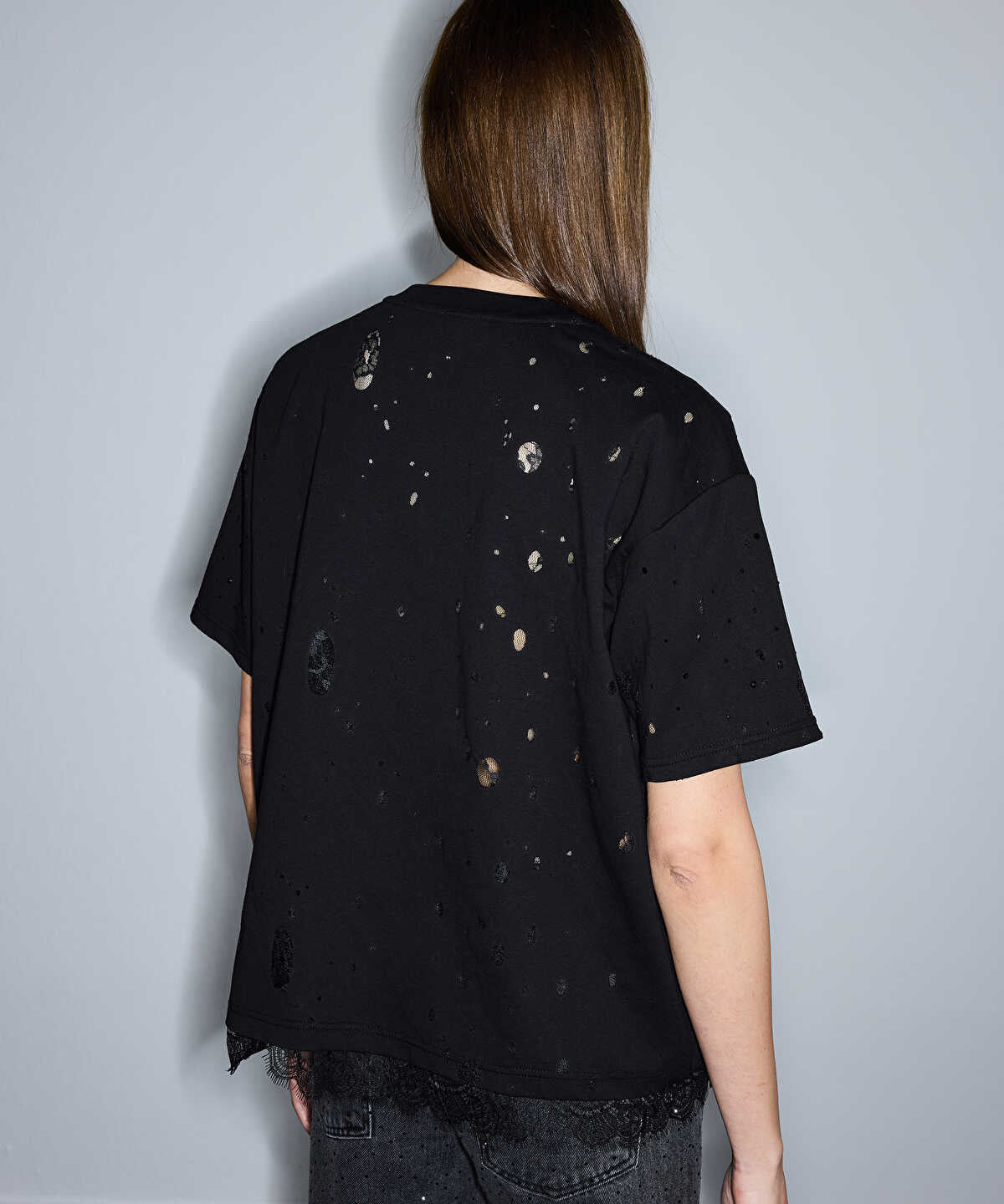 Zoomed Distressed-Effect Mixed T-Shirt