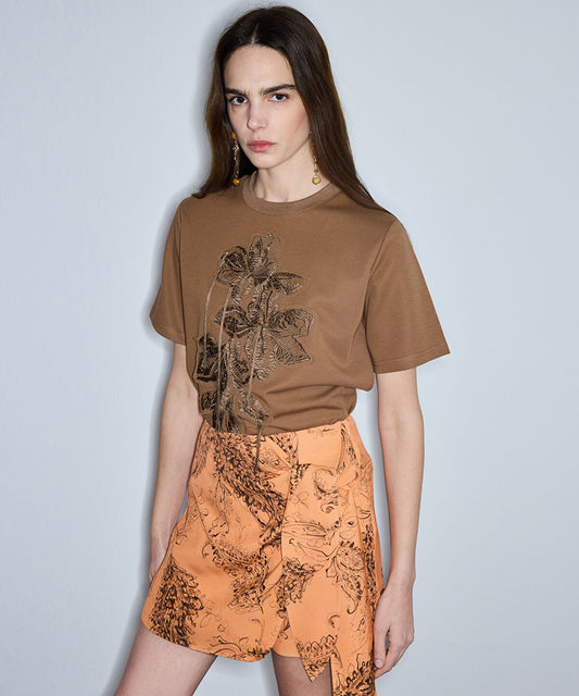 Embroidered T-Shirt with Fringes