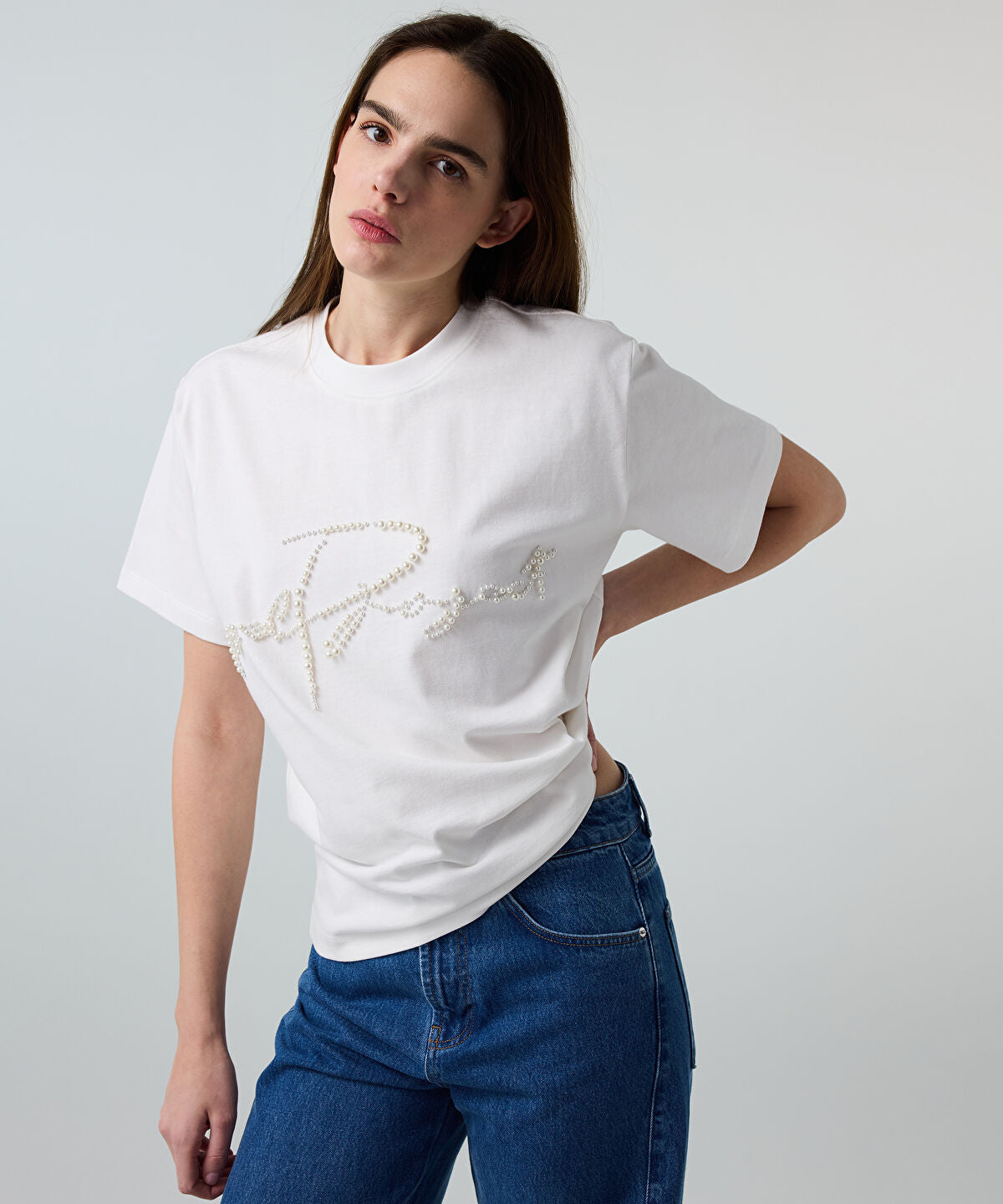 Zoomed T-Shirt with Faux Pearl Embellishments
