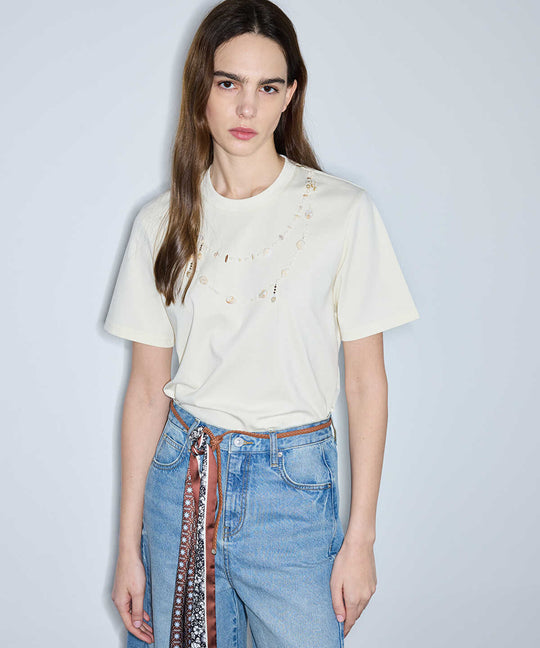 T-Shirt with Bead and Seashell Applique