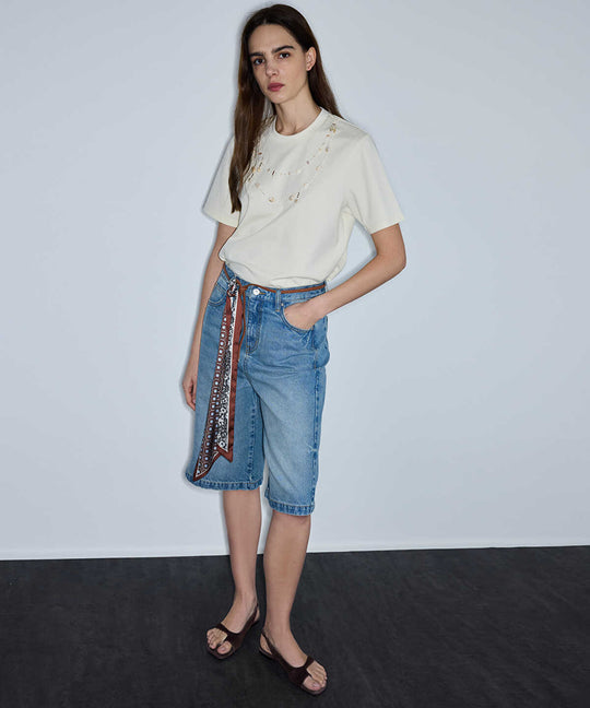 T-Shirt with Bead and Seashell Applique