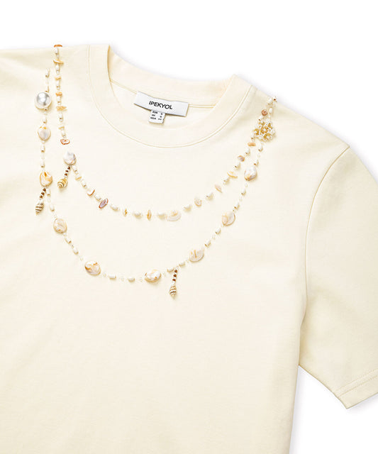 T-Shirt with Bead and Seashell Applique