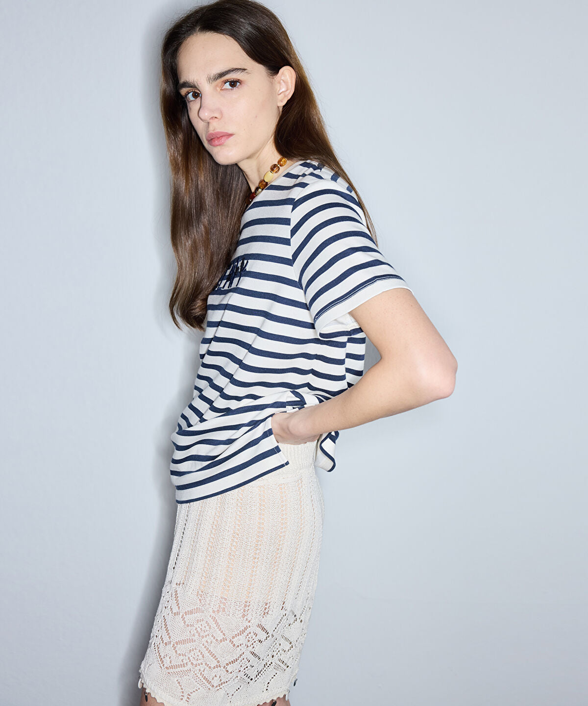 Zoomed Striped T-Shirt with Slogan Embroidery