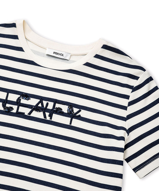 Striped T-Shirt with Slogan Embroidery