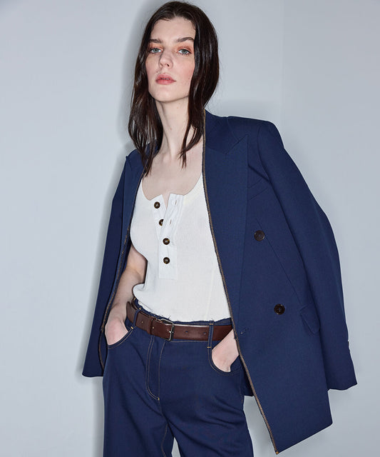 Contrast Stitch Double-Breasted Blazer