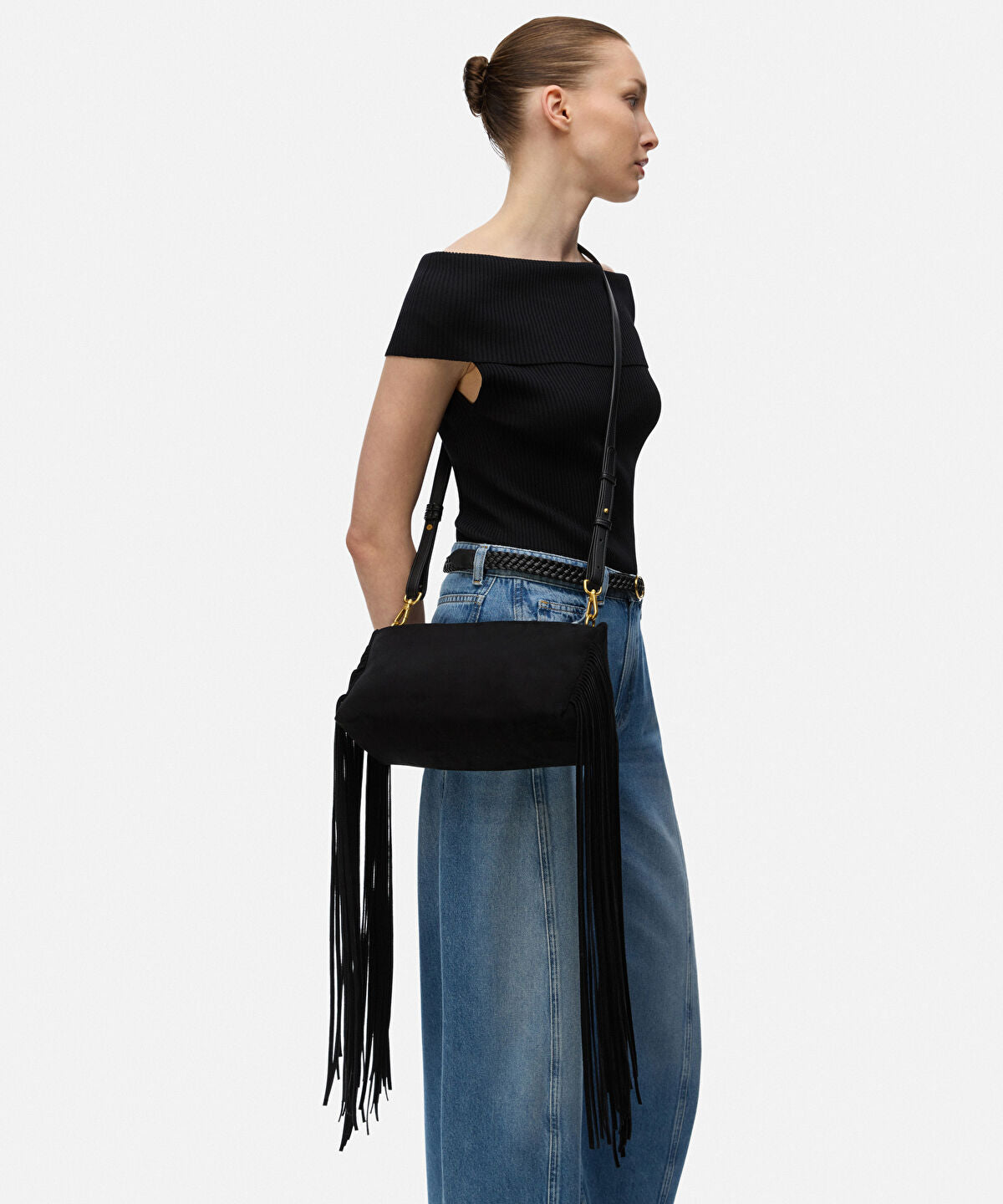 Zoomed Tassel Trim Clutch with Detachable Strap