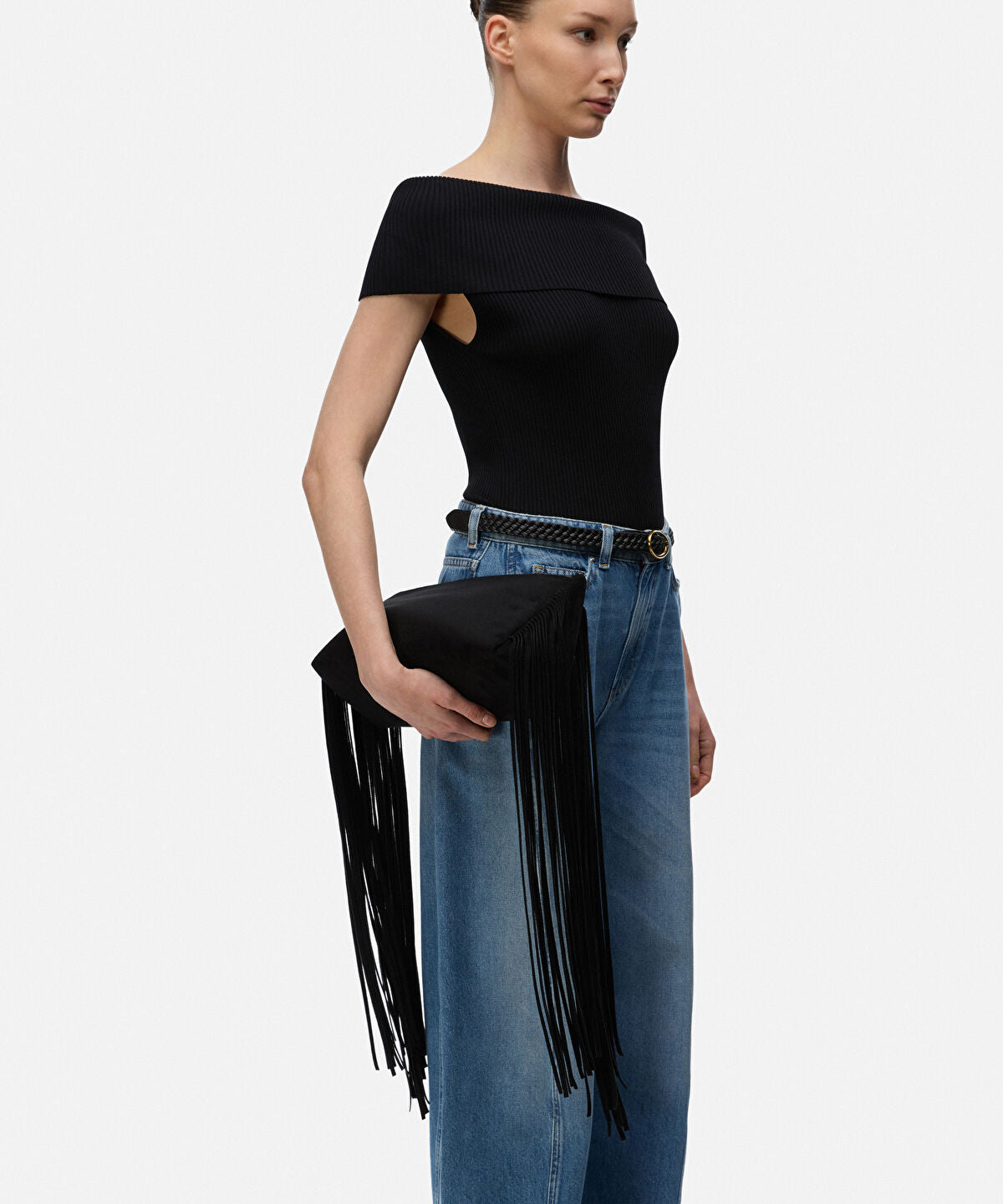 Zoomed Tassel Trim Clutch with Detachable Strap