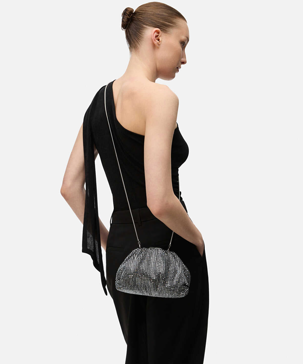 Zoomed Rhinestone Clutch with Detachable Strap