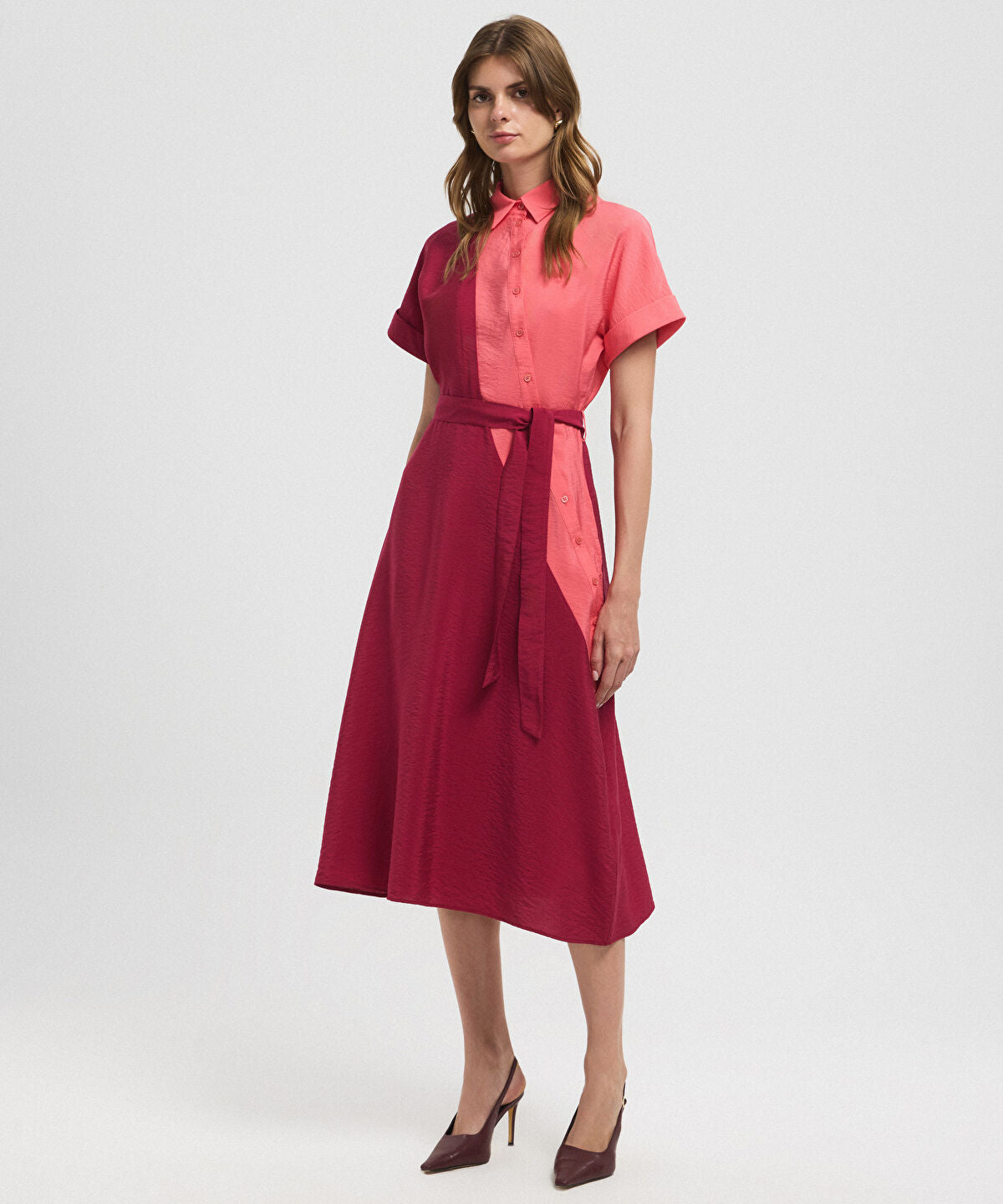 Asymmetric-Button Color-Block Dress
