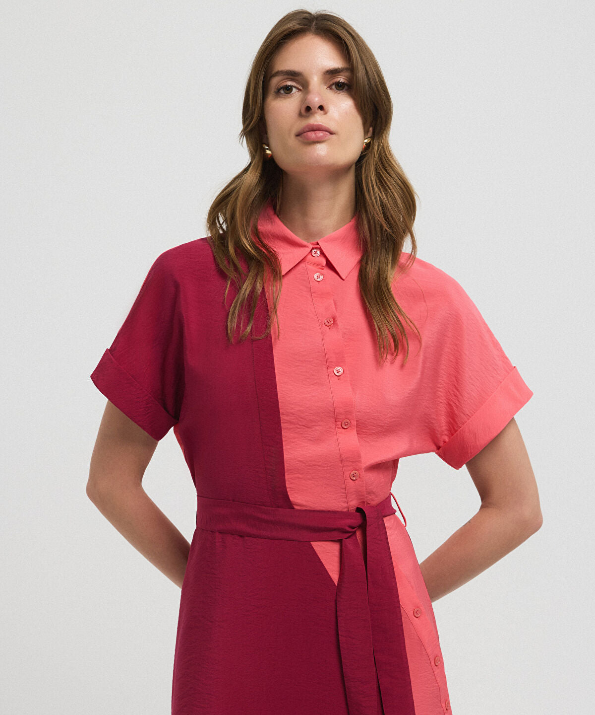 Zoomed Asymmetric-Button Color-Block Dress