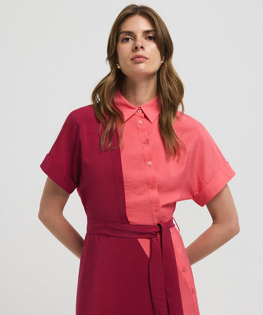 Asymmetric-Button Color-Block Dress