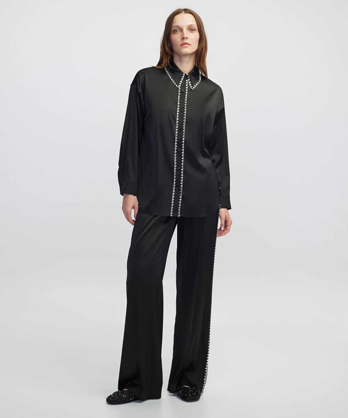 Zoomed Strass-Trim Wide-Leg Trousers
