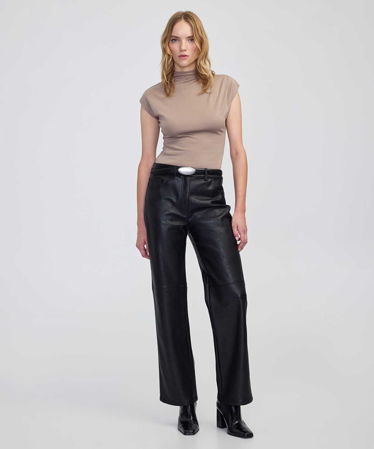 Zoomed Leather-Effect Straight-Leg Trousers