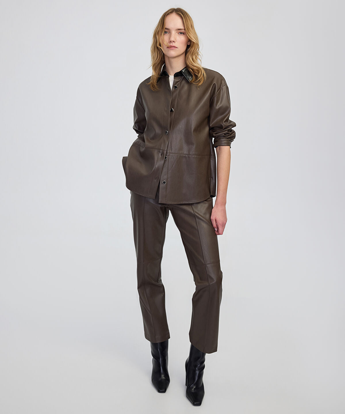Zoomed Leather-Effect Straight-Leg Trousers