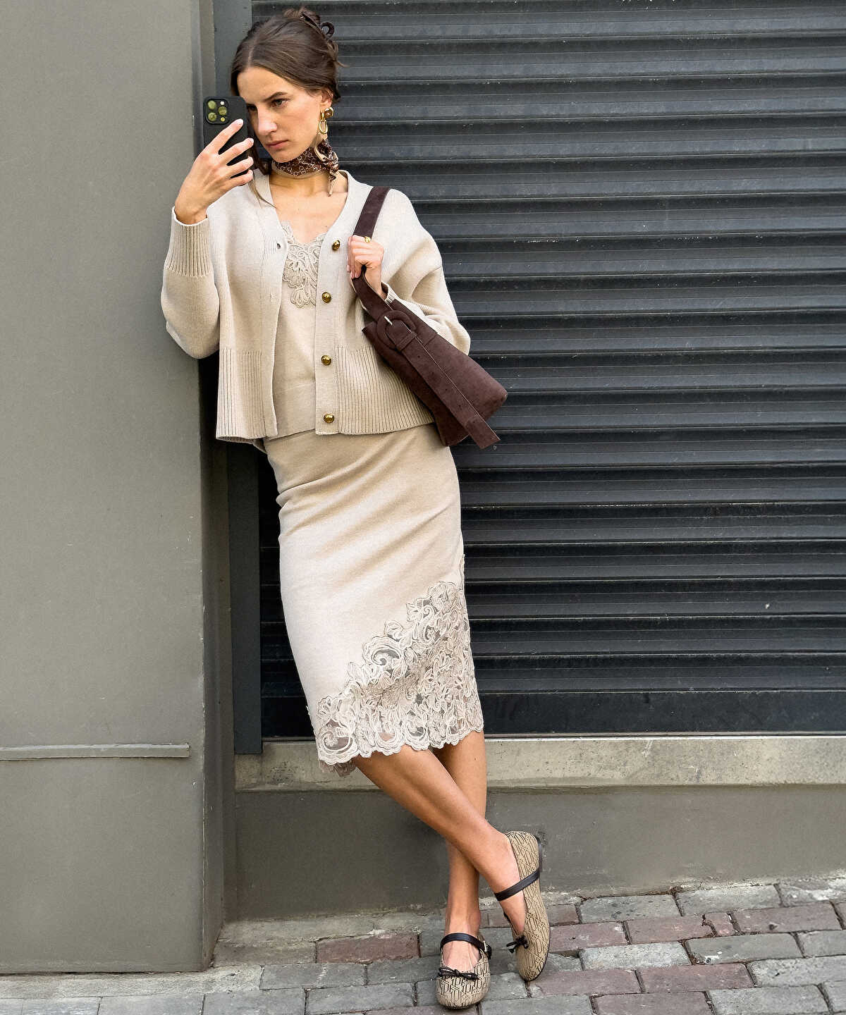 Lace-Applique Knit Skirt