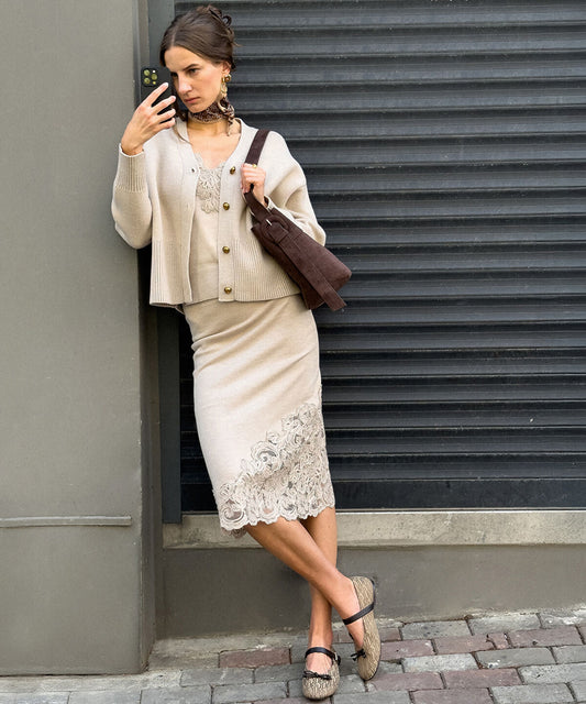 Lace-Applique Knit Skirt