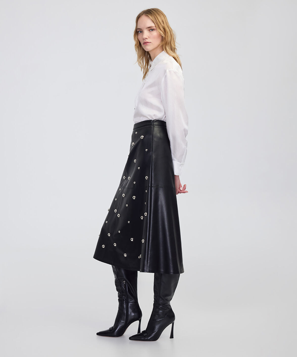Zoomed Stud-Embellished Faux-Leather Skirt 