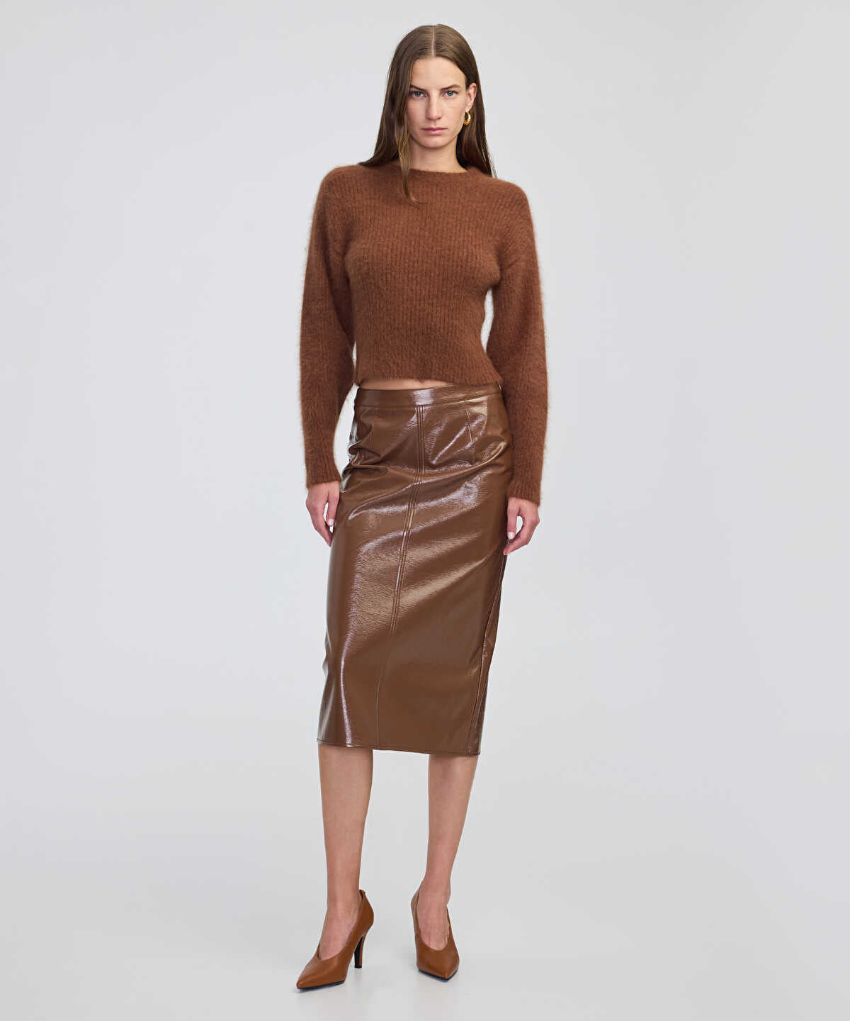 Zoomed Faux Patent Leather Midi Skirt