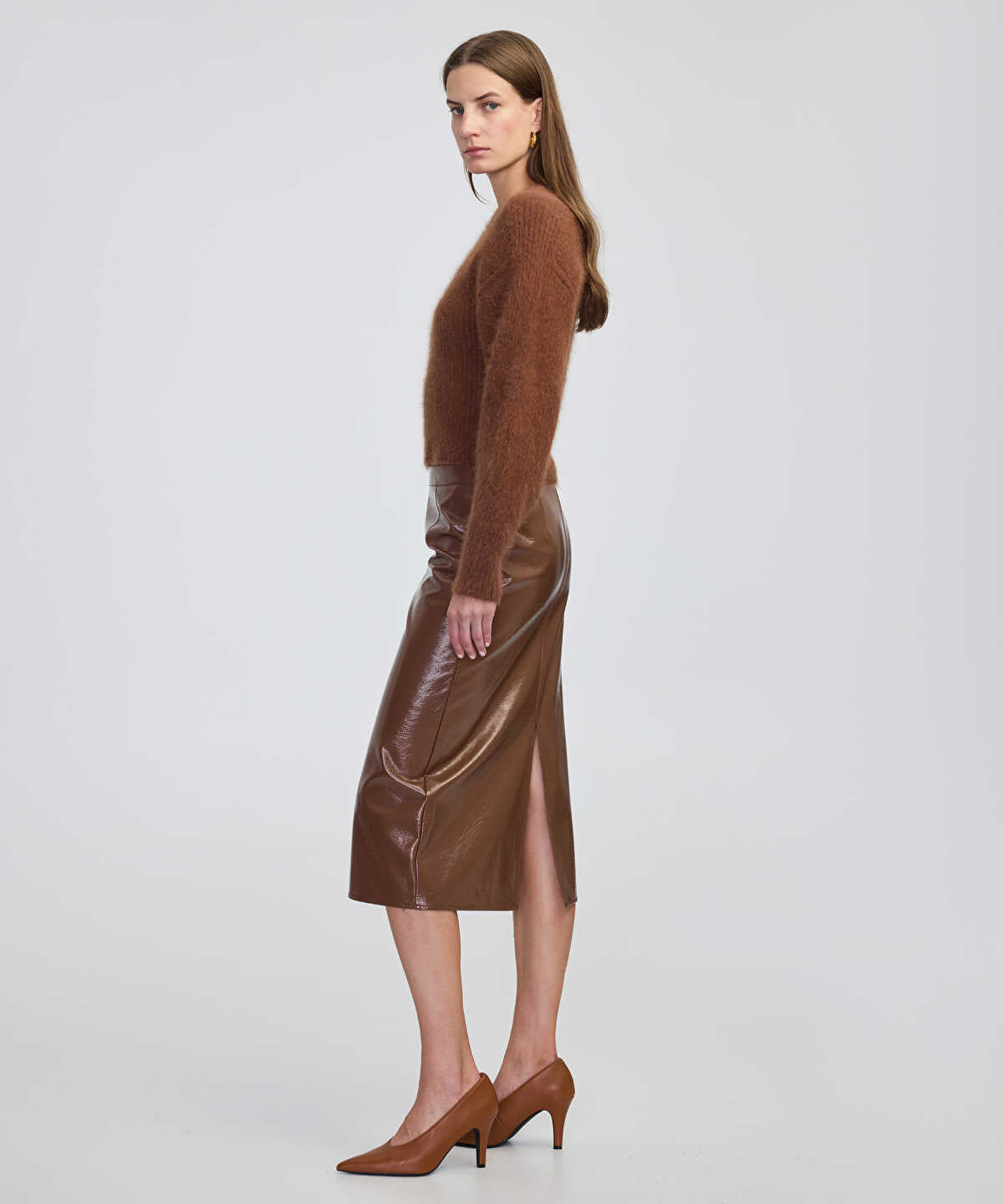 Zoomed Faux Patent Leather Midi Skirt