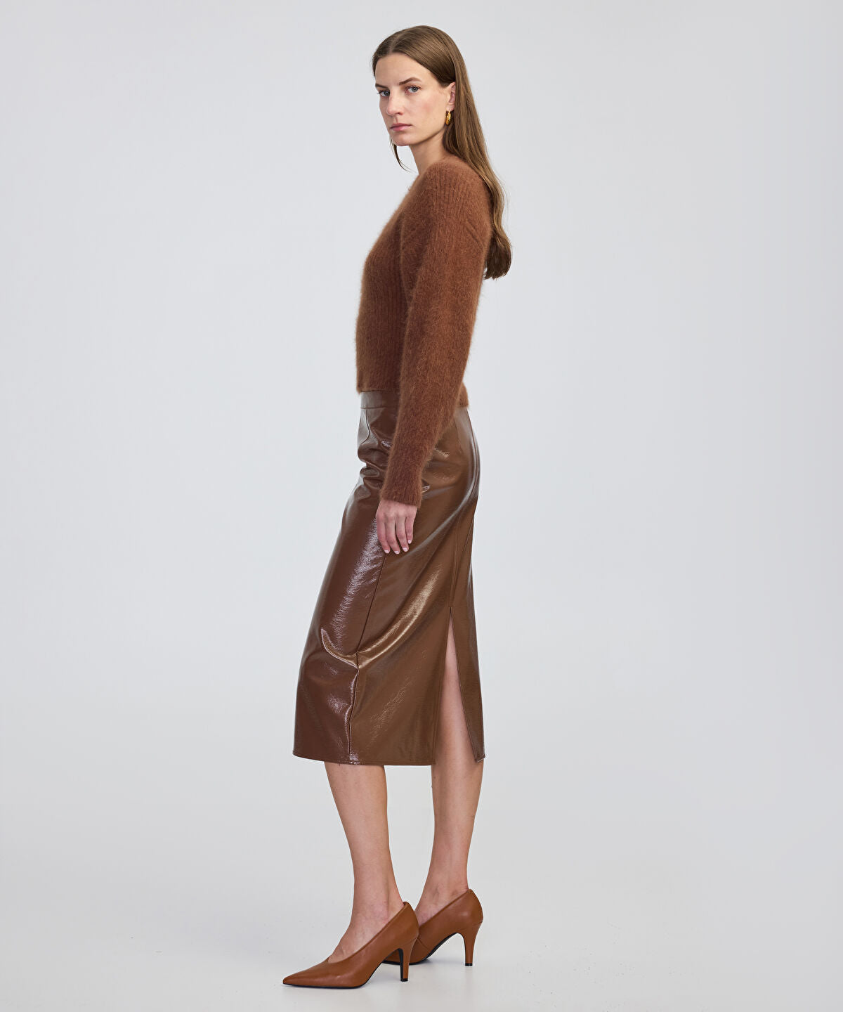 Zoomed Faux Patent Leather Midi Skirt