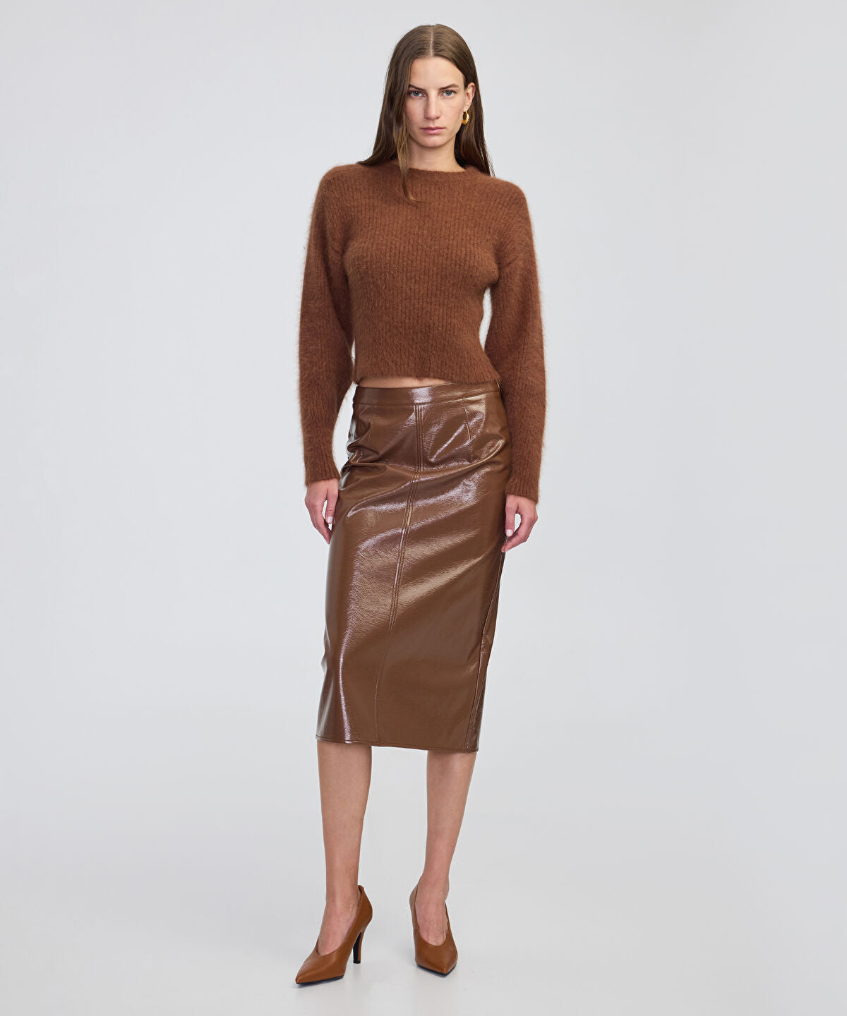 Zoomed Faux Patent Leather Midi Skirt