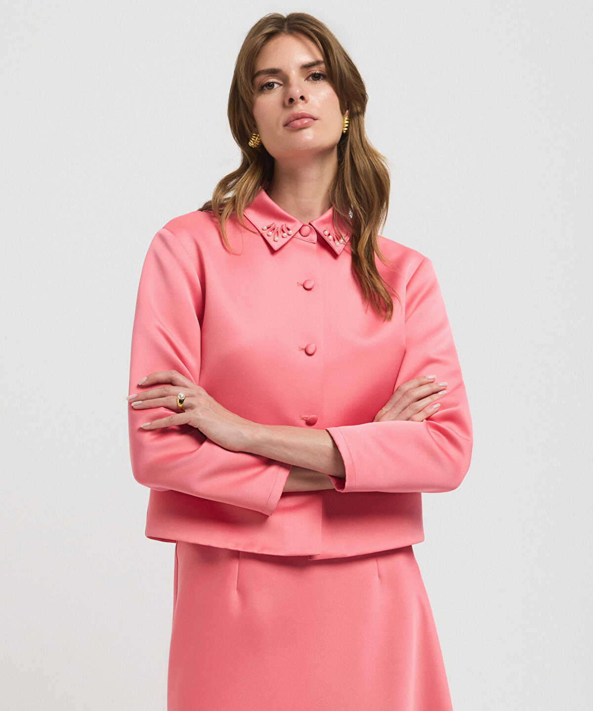 Cutout Jacket with Faux Pearl