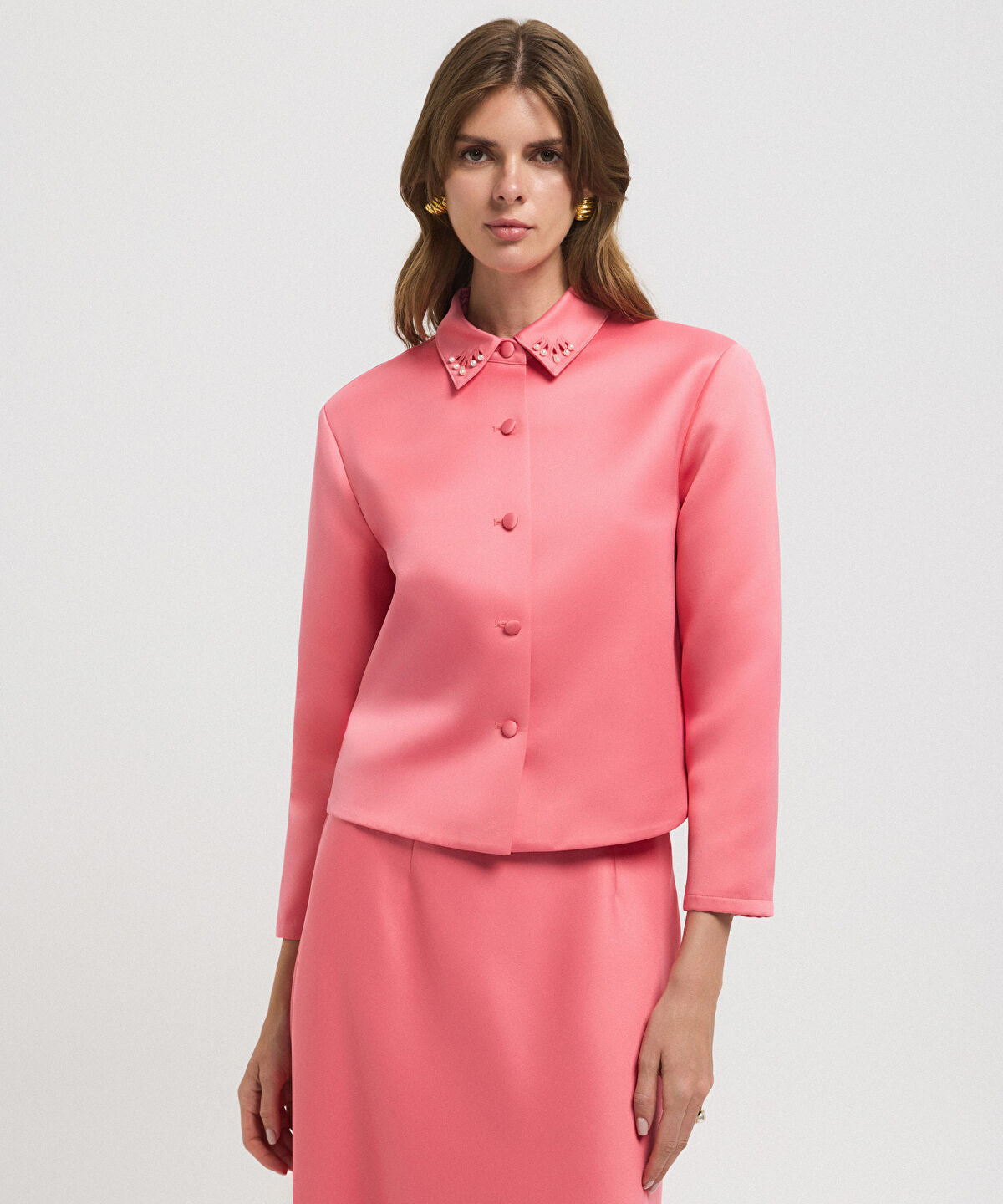 Zoomed Cutout Jacket with Faux Pearl