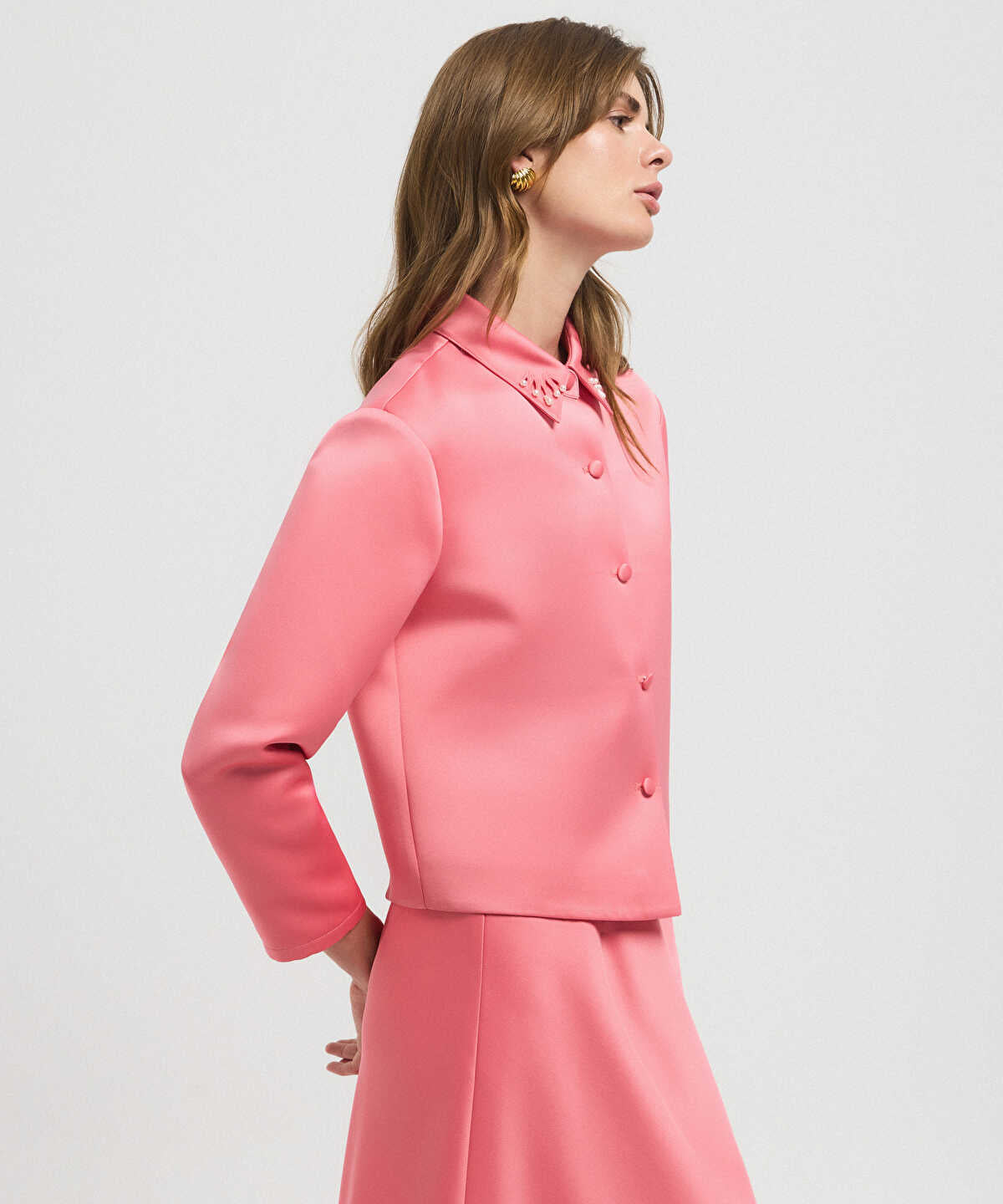 Zoomed Cutout Jacket with Faux Pearl