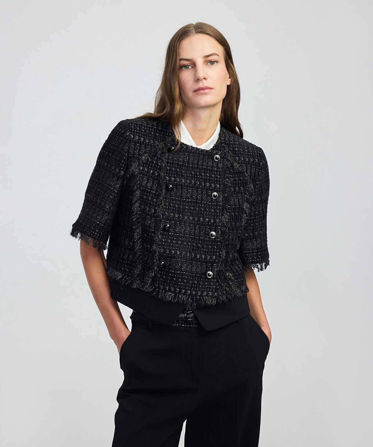 Zoomed Fringe-Trim Textured Jacket