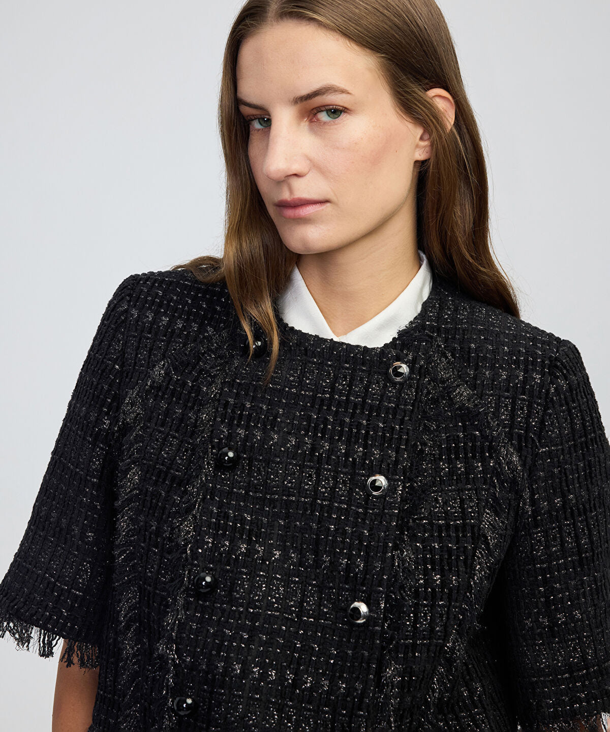 Zoomed Fringe-Trim Textured Jacket
