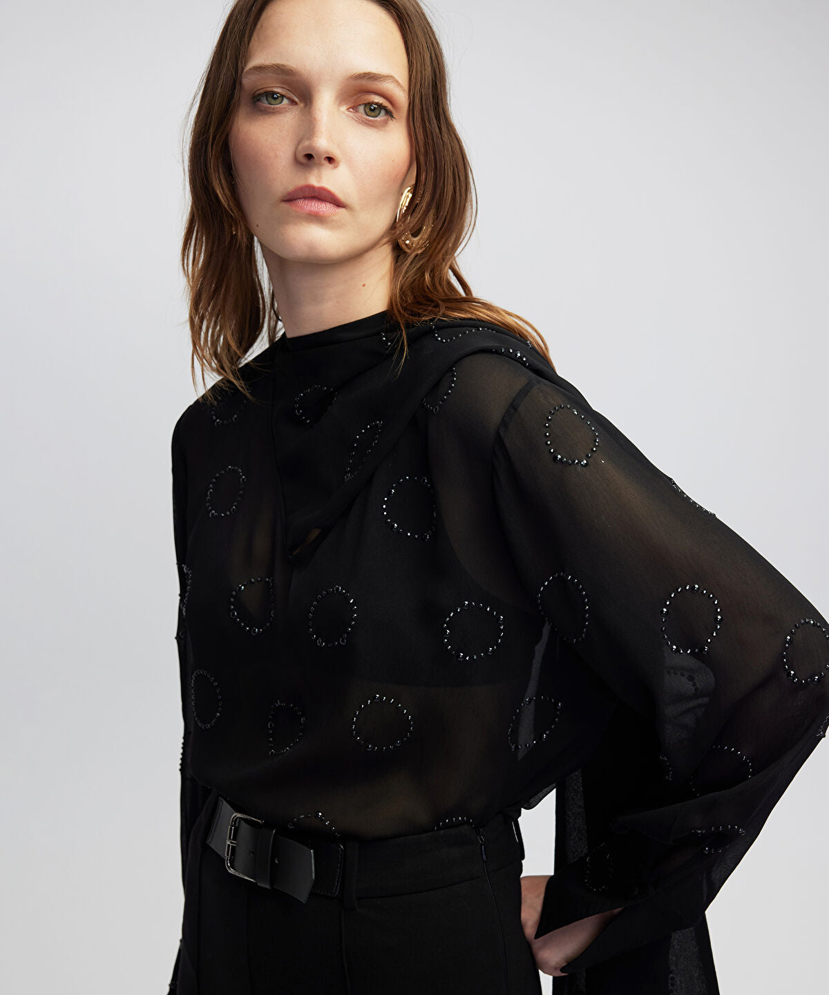 Zoomed Rhinestone Chiffon Blouse