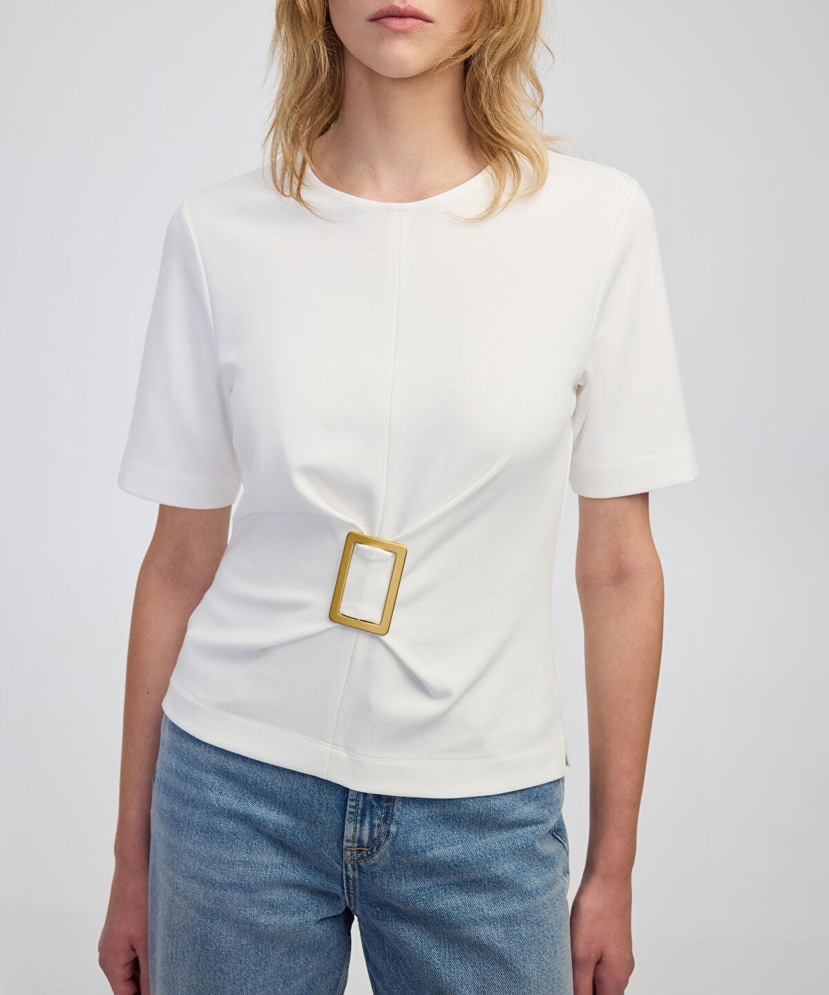 Zoomed Short Sleeve Blouse with Buckle