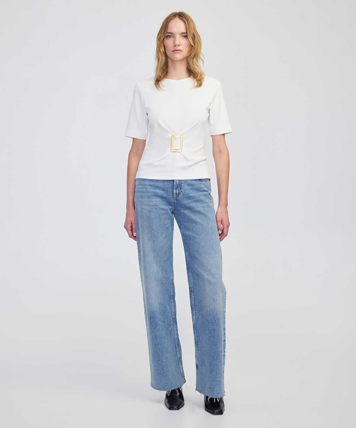 Short Sleeve Blouse with Buckle