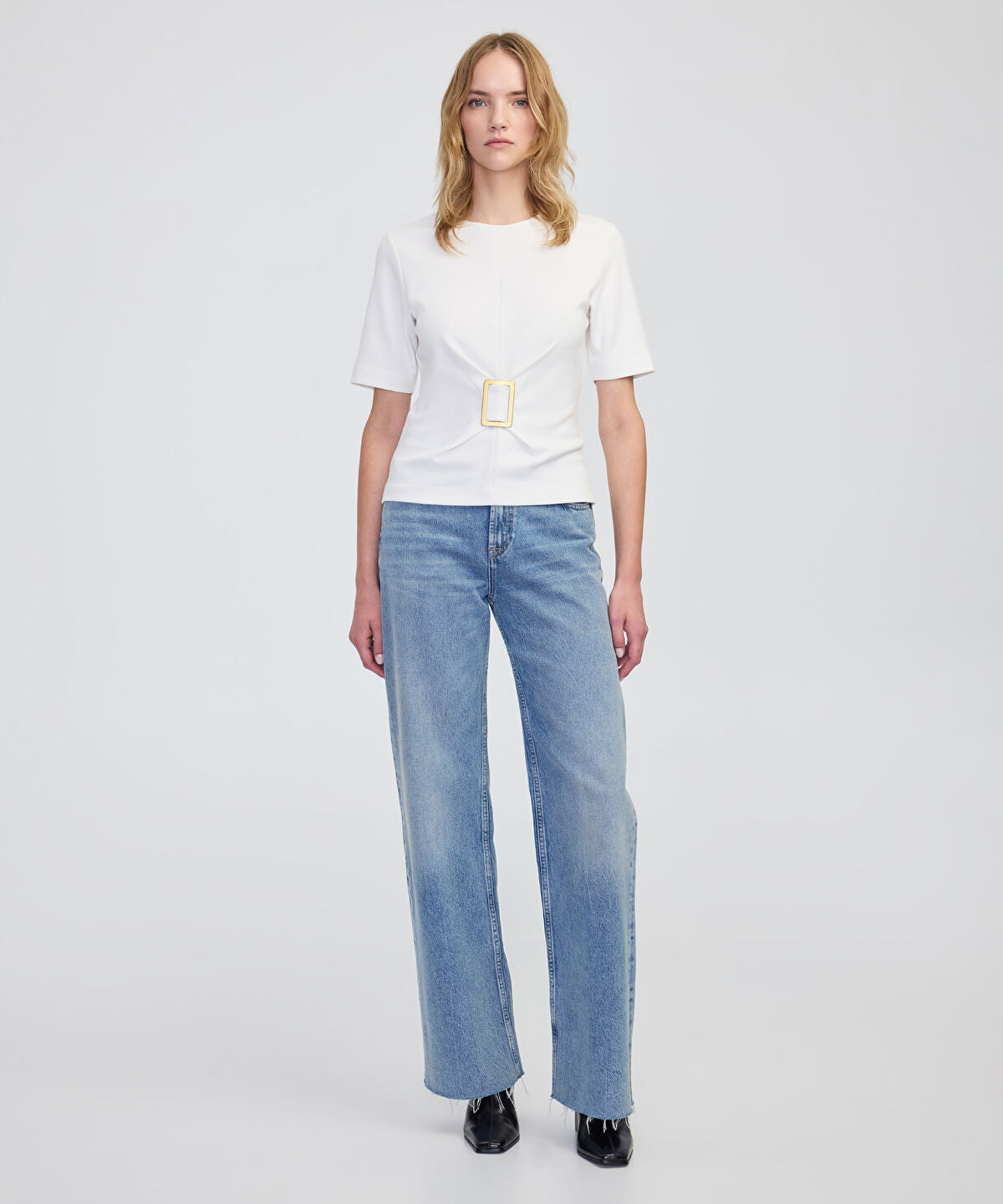 Zoomed Short Sleeve Blouse with Buckle