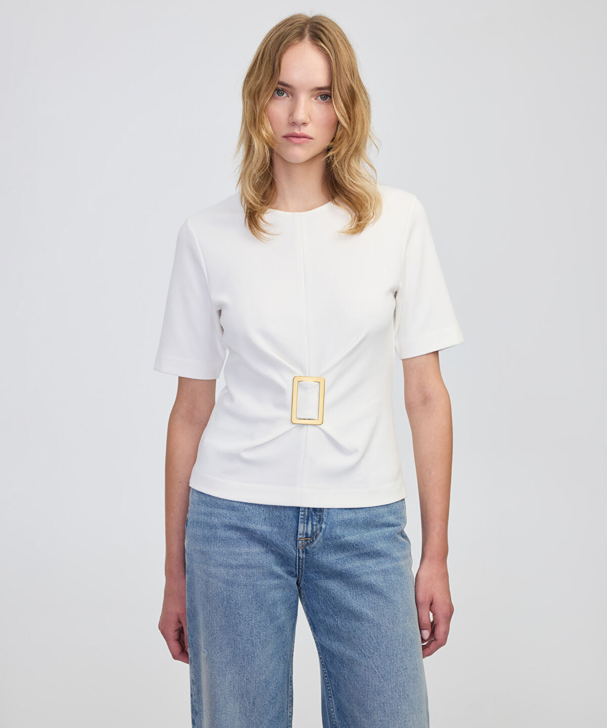 Zoomed Short Sleeve Blouse with Buckle