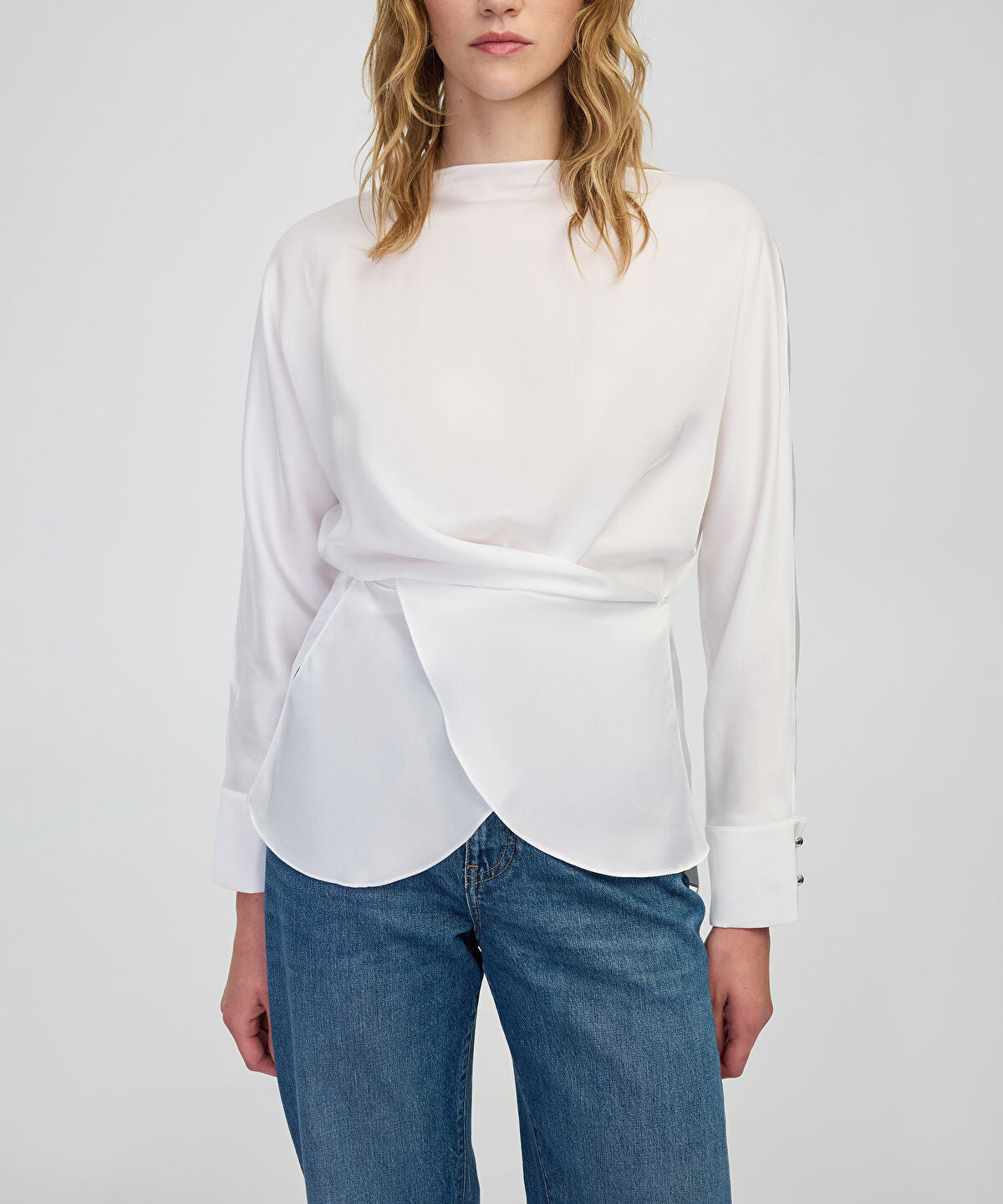 Zoomed Satin-Effect Wrap Blouse