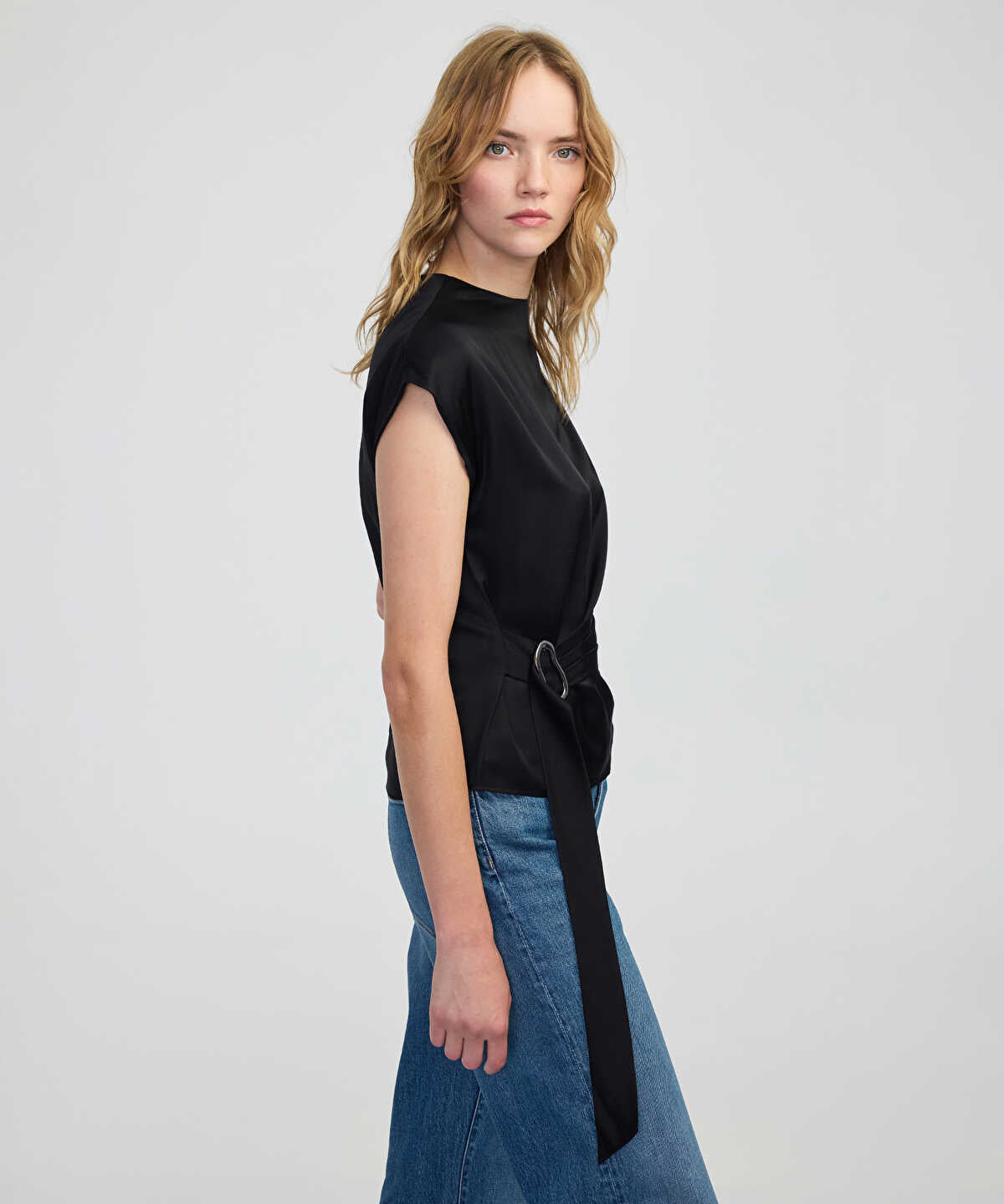 Zoomed Satin-Effect Belted Blouse