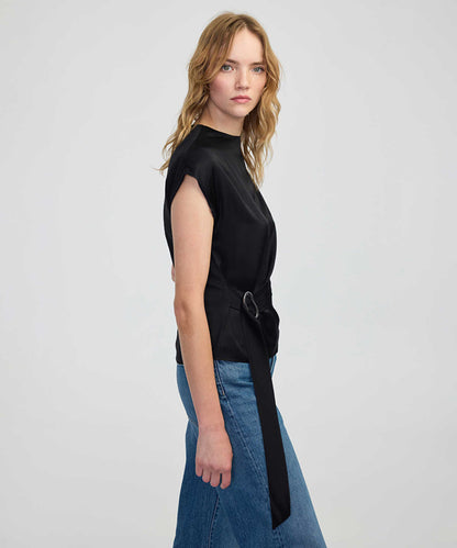 Satin-Effect Belted Blouse
