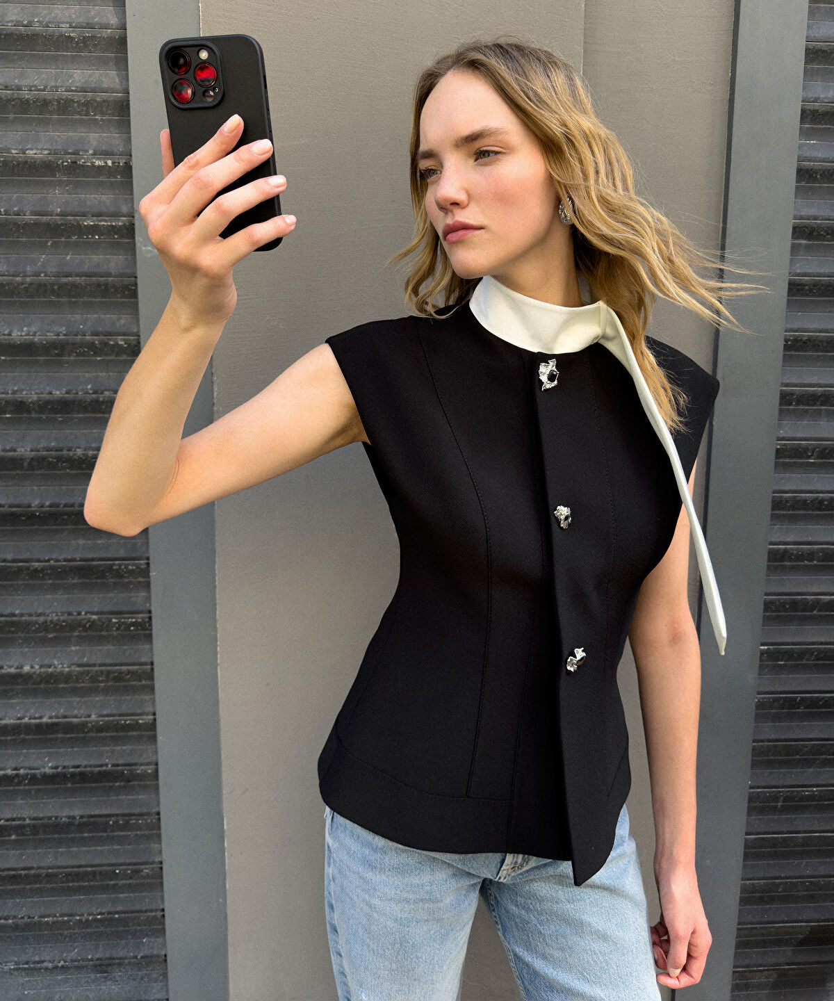 Zoomed Jewel-Button Color-Block Vest