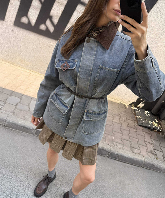 Velvet Collar Denim Coat
