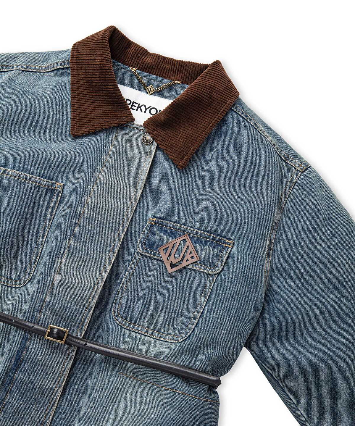 Zoomed Velvet Collar Denim Coat